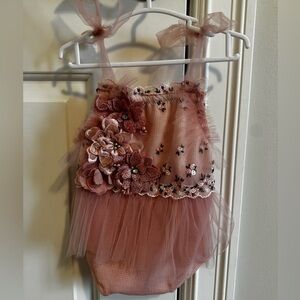 Handmade OOAK Pink Embellished Floral Tulle Baby Romper and Headband sitter size